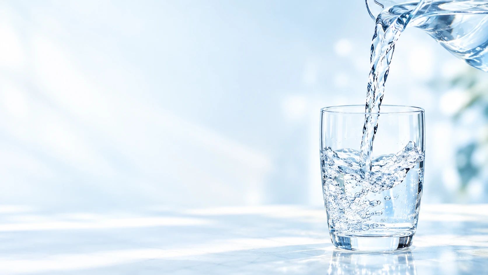 Clear water pouring from a pitcher into a glass in soft morning light